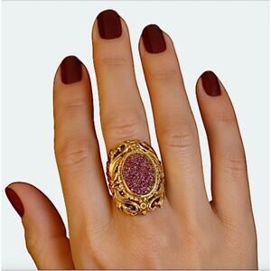 Vintage Nicky Butler Purple Druzy Statement Ring Sz 8 Y2K Ornate Gold Tone India